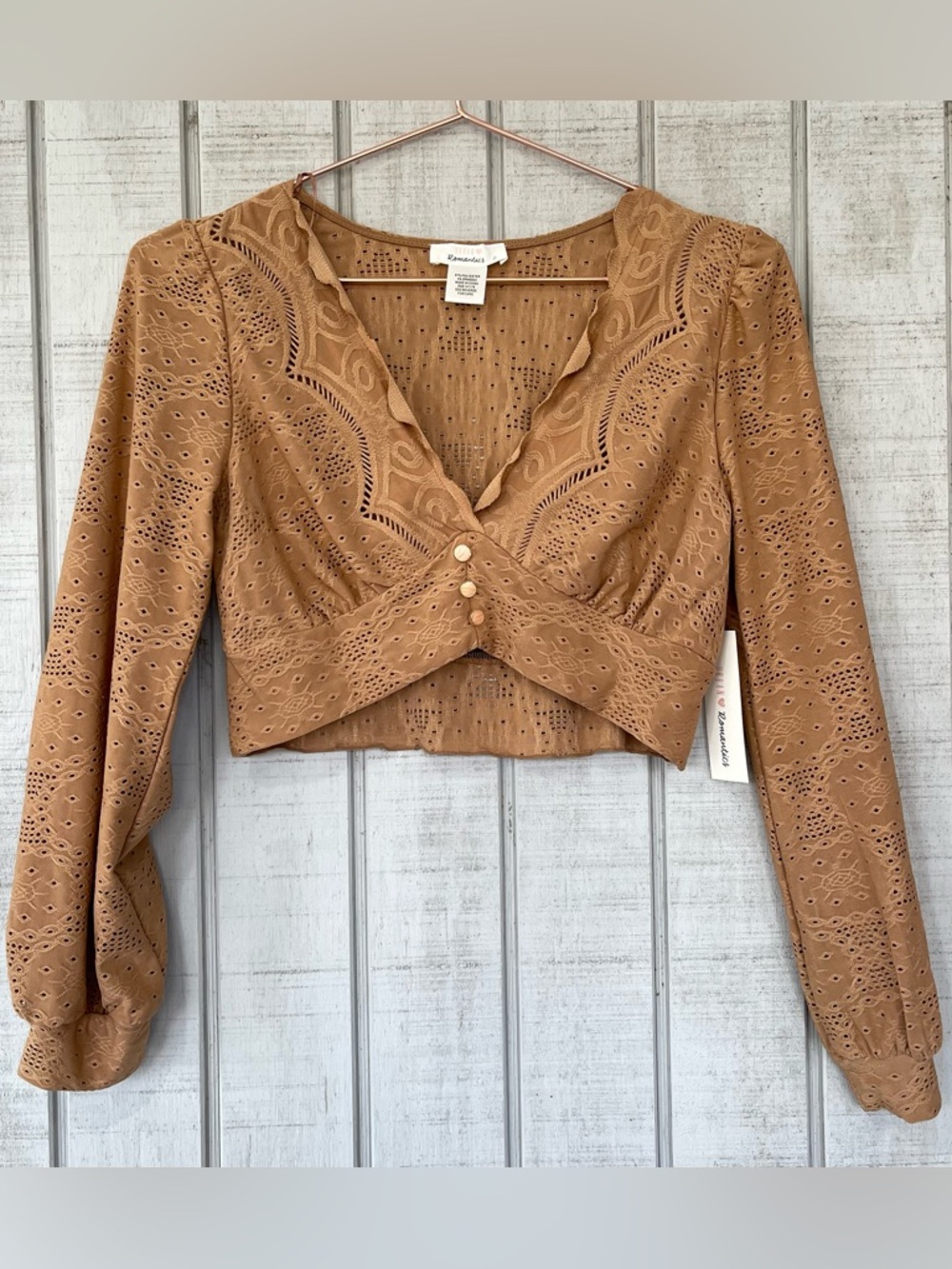 🤎 Urban Romantics Tan Lace Crop Top Boho Long Sleeve NWT Small Festival